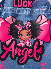 Streecool Kids Cute Y2K Inspired Young Girls Portrait Print Bow Decor Denim Effect Suspender Dress For Young Girls